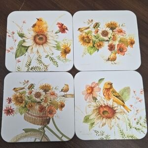 Legacy Publishing Set of 4 Cork Backed Floral and Bird Themed Coasters